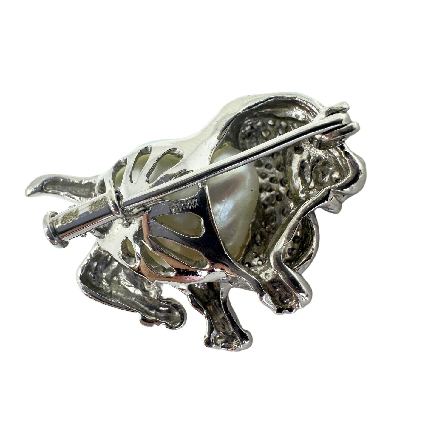 18K White Gold Diamond, Pearl and Emerald Poodle Brooch