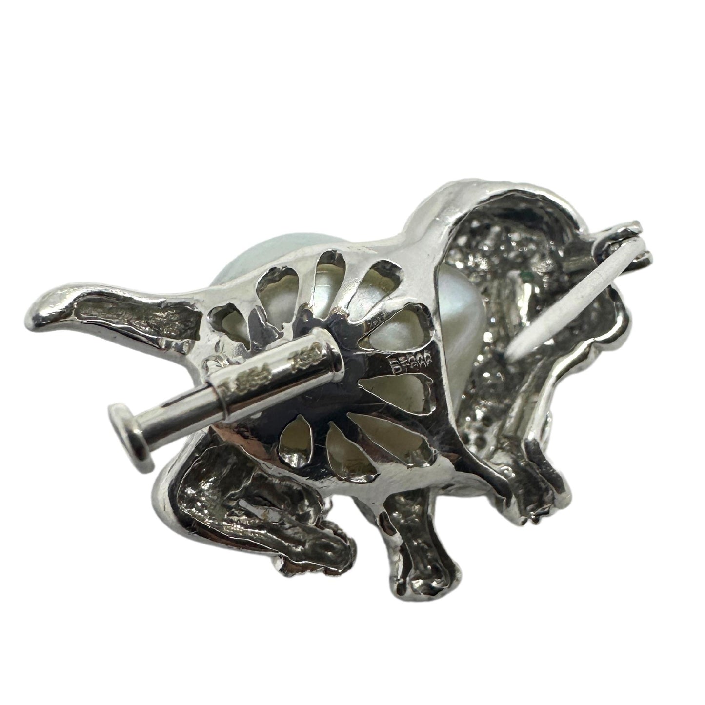 18K White Gold Diamond, Pearl and Emerald Poodle Brooch