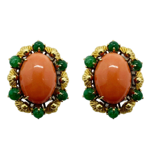 18k Yellow Gold Cabochon Coral and Emerald Earrings
