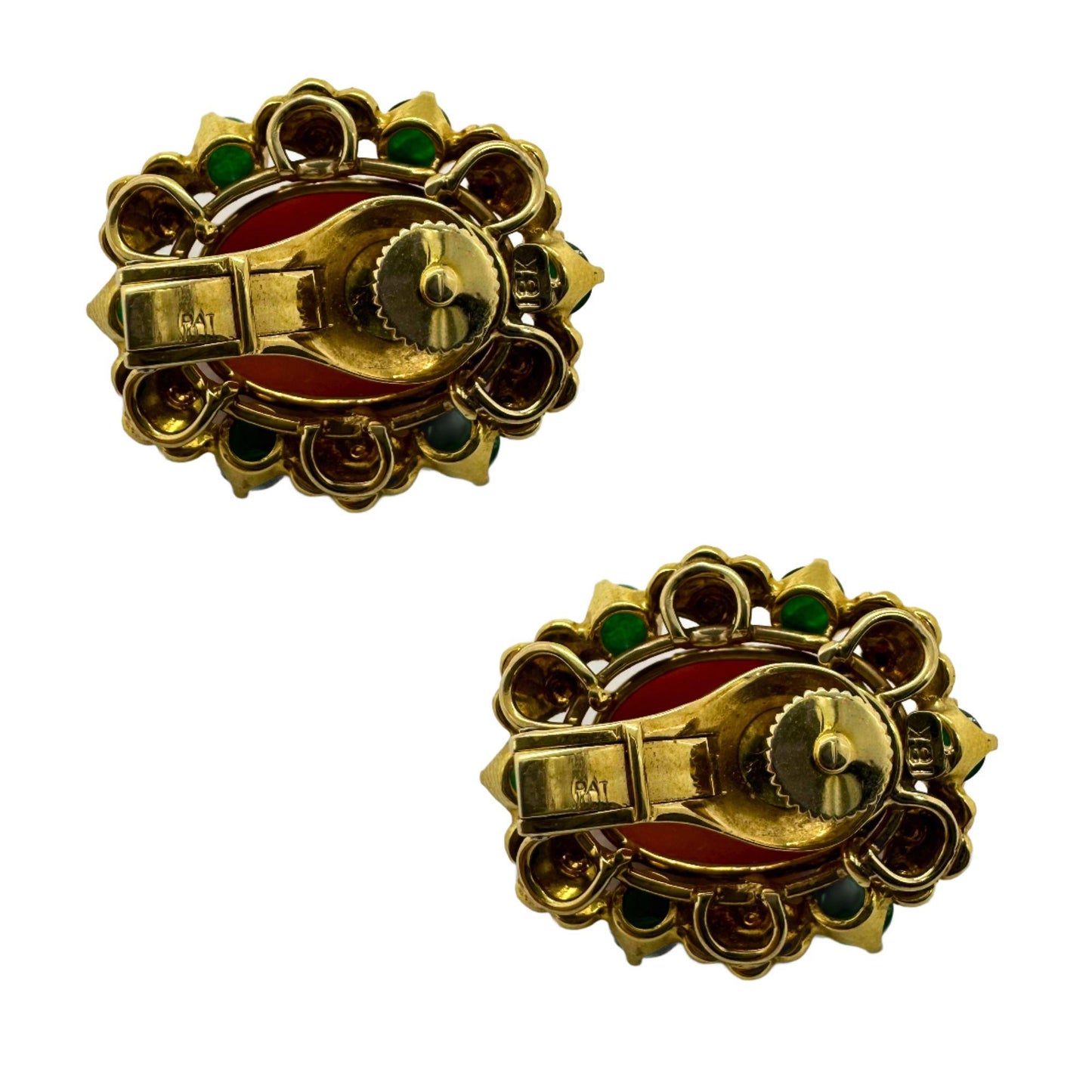 18k Yellow Gold Cabochon Coral and Emerald Earrings