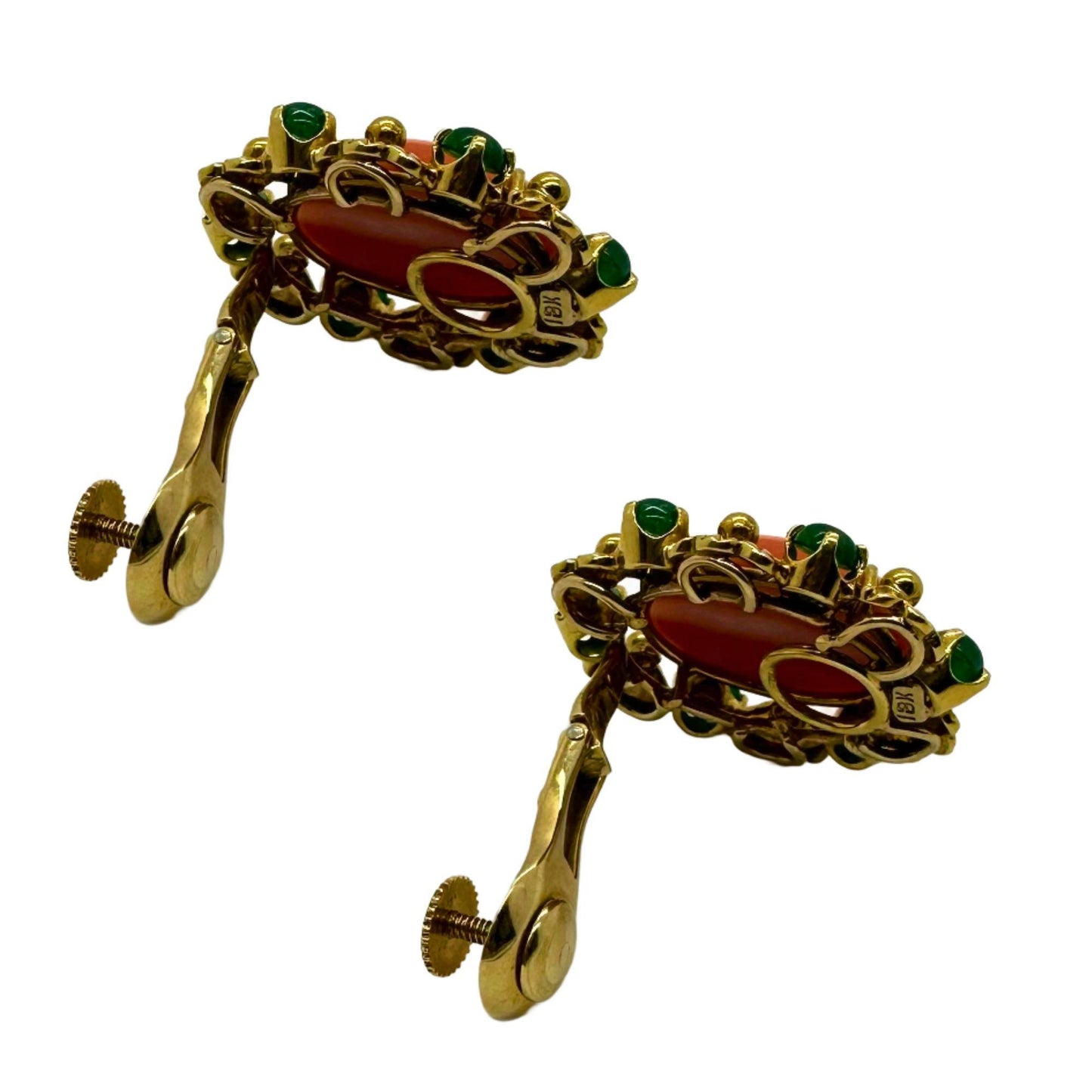 18k Yellow Gold Cabochon Coral and Emerald Earrings