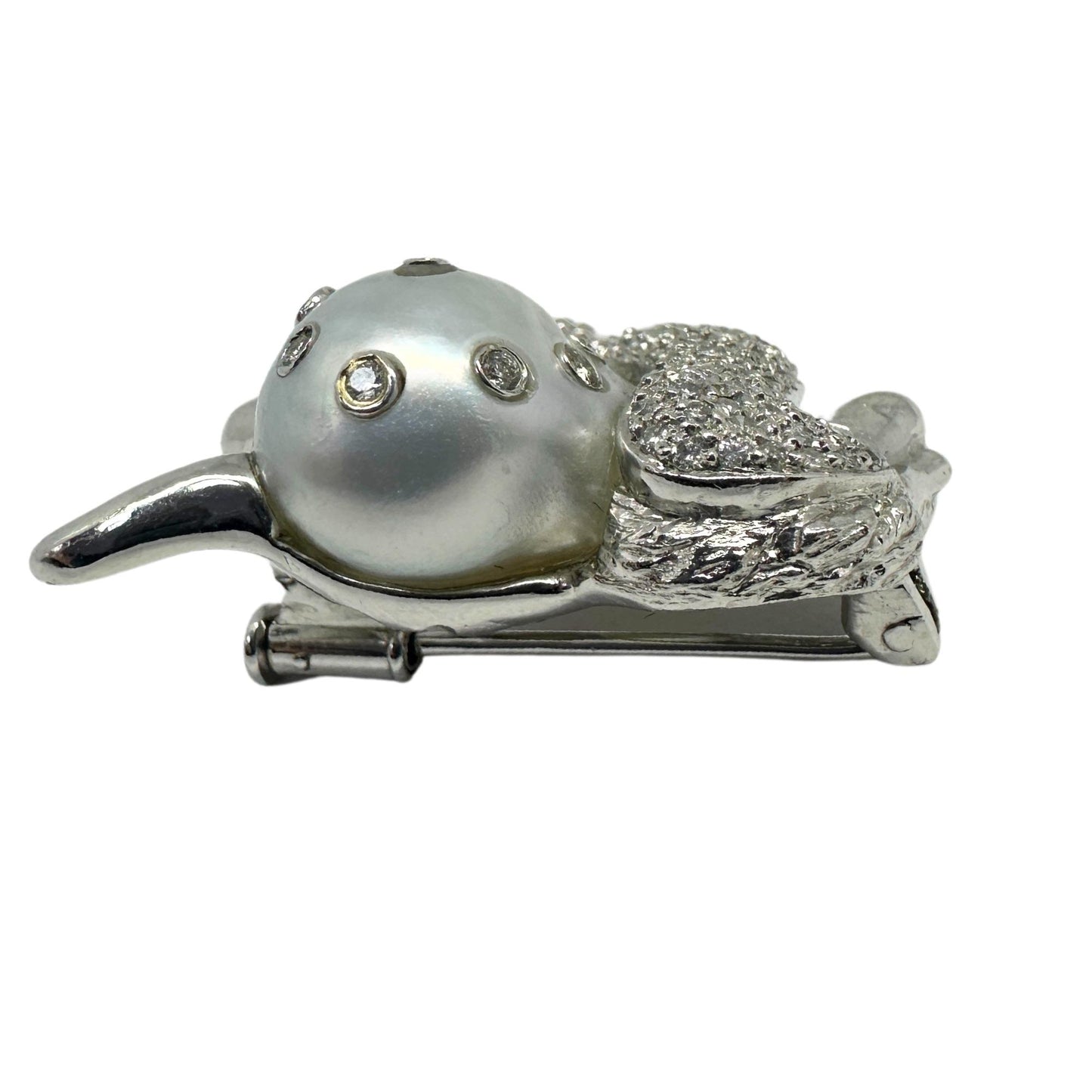 18K White Gold Diamond, Pearl and Emerald Poodle Brooch