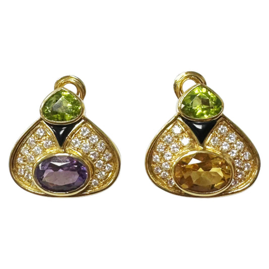 18k Estate Diamond, Onyx and Multi-Color Gemstone Earrings