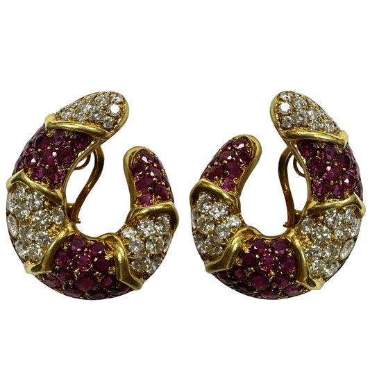 18k Italian Made Estate Diamond and Ruby Earrings