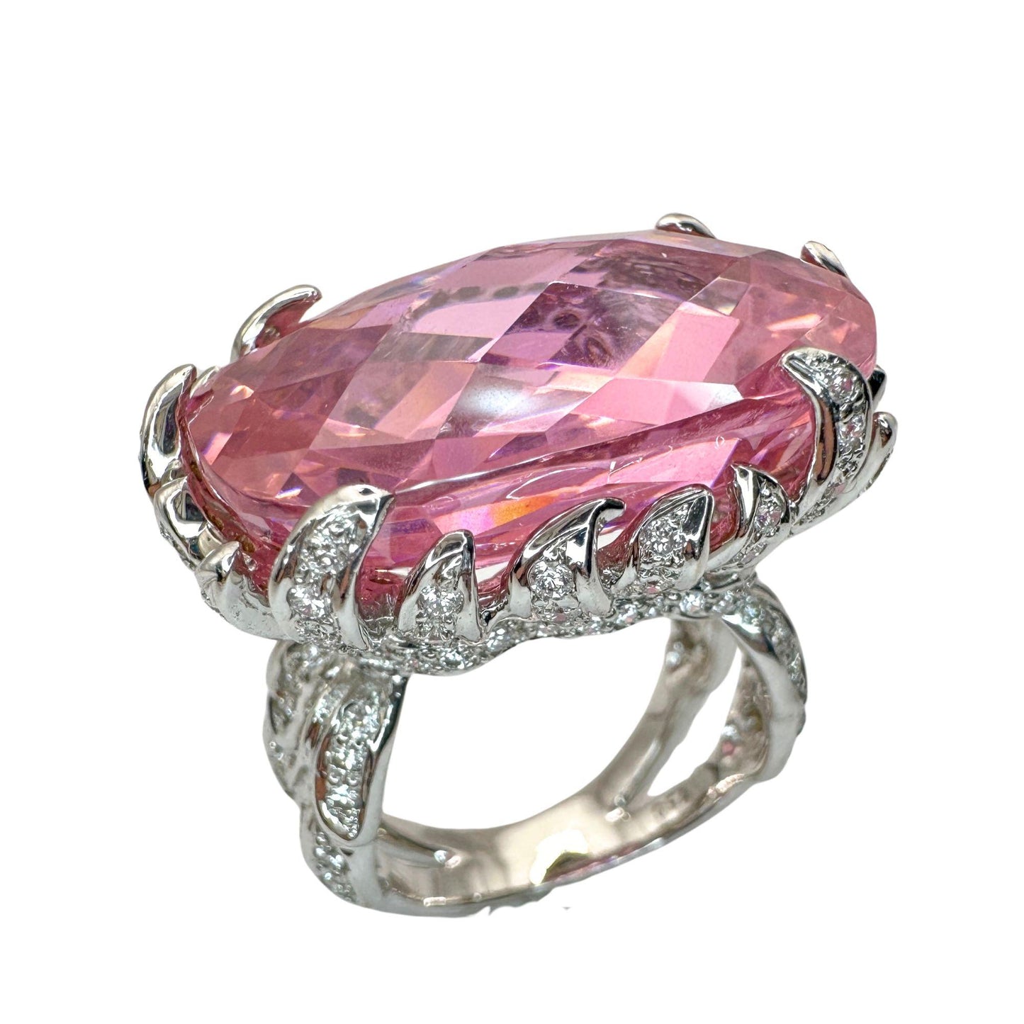 18k Diamond and Checkered Pink Stone Center Cocktail Ring