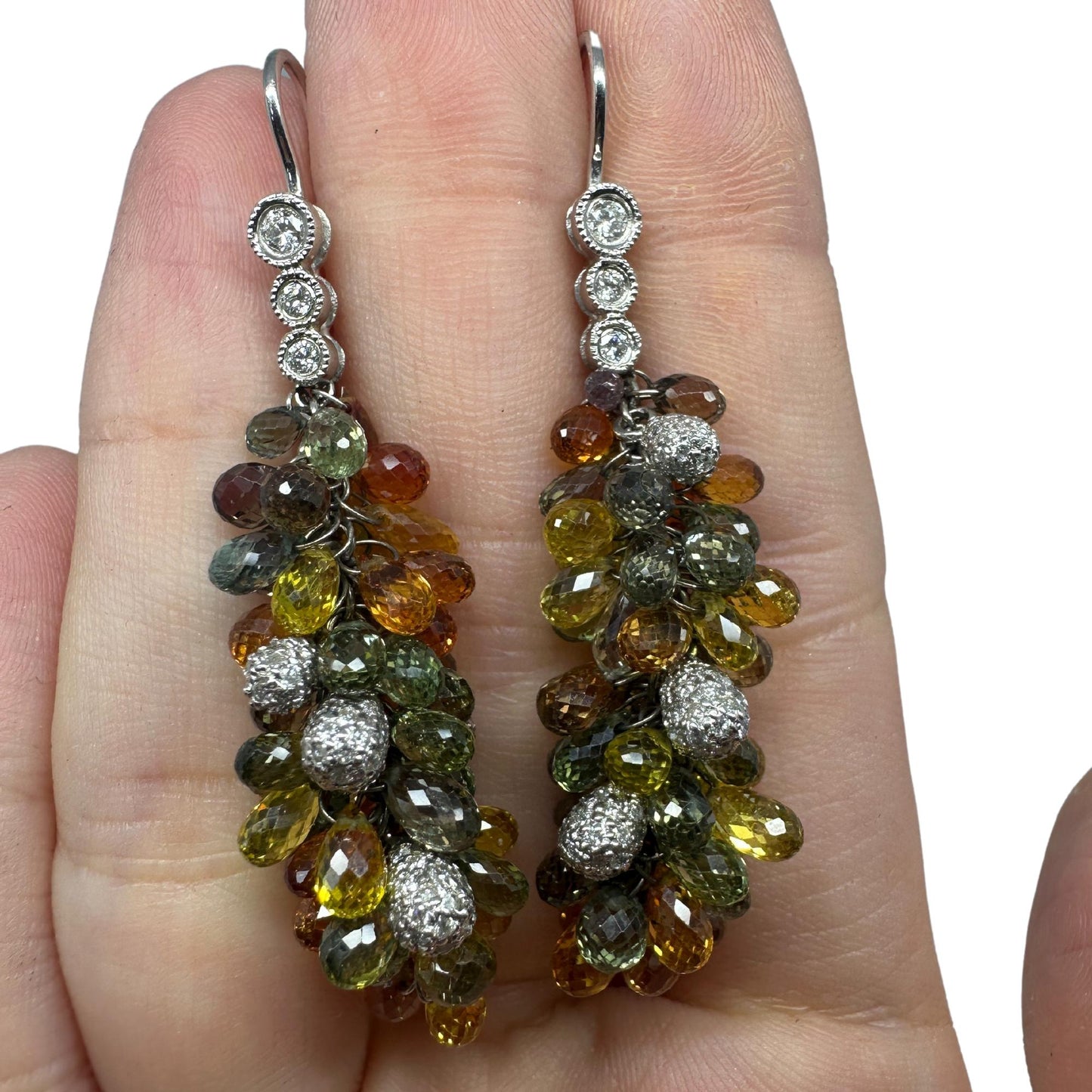 18k White Gold Diamond and Multi Color Sapphire Briolette Earrings