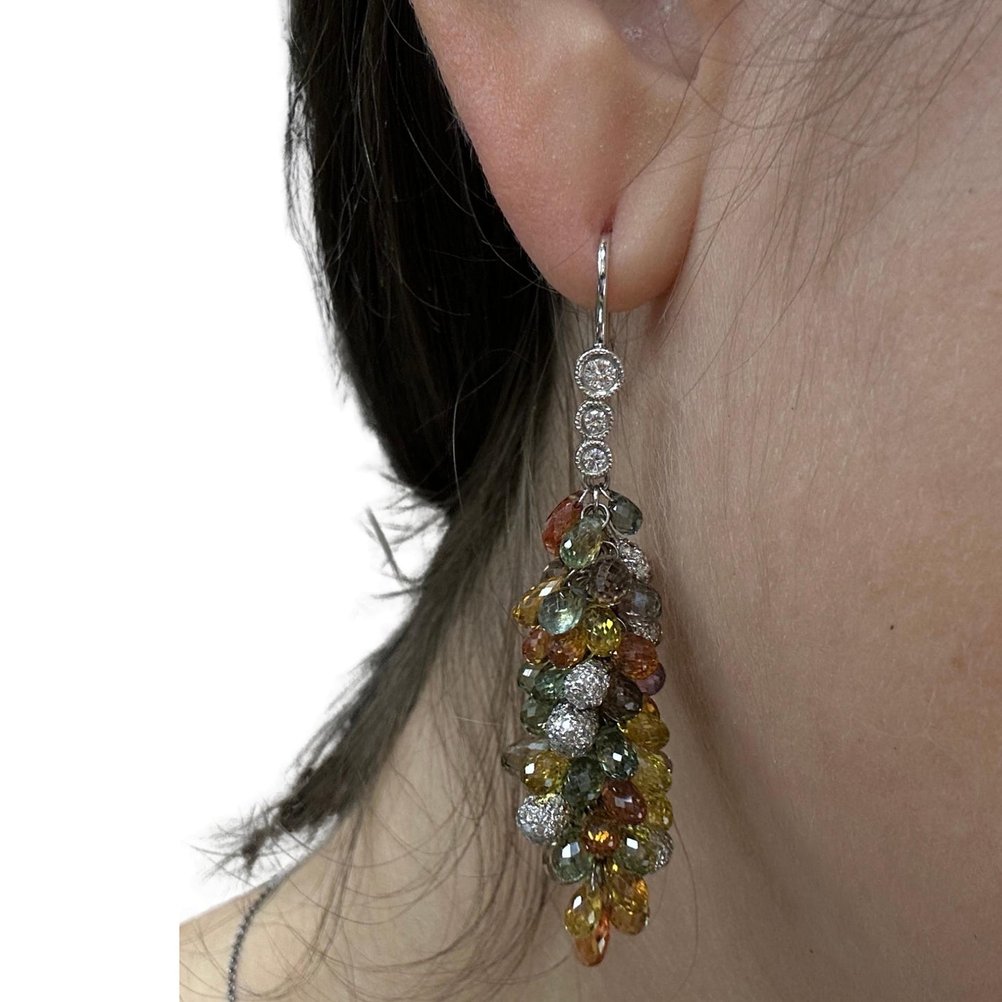18k White Gold Diamond and Multi Color Sapphire Briolette Earrings