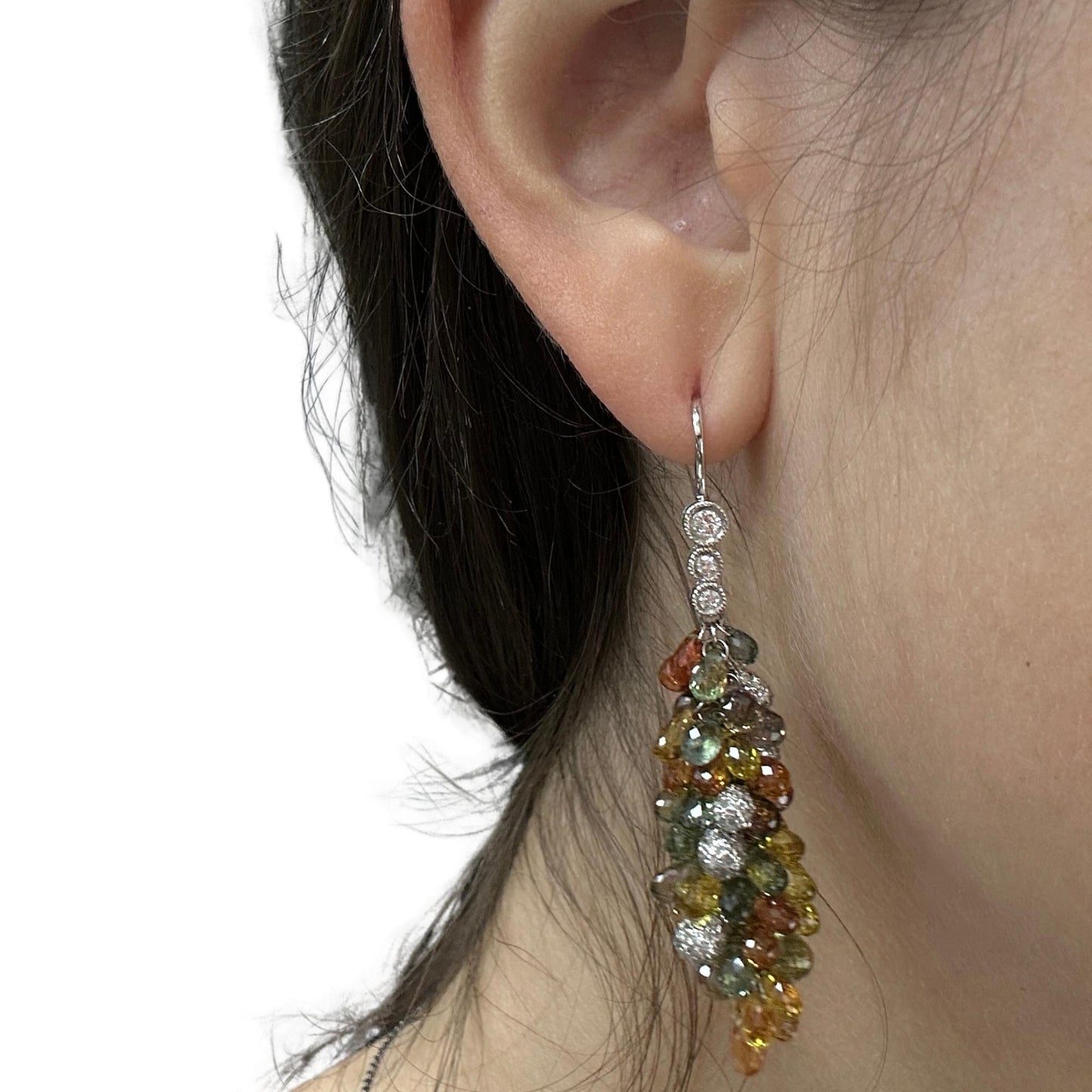 18k White Gold Diamond and Multi Color Sapphire Briolette Earrings
