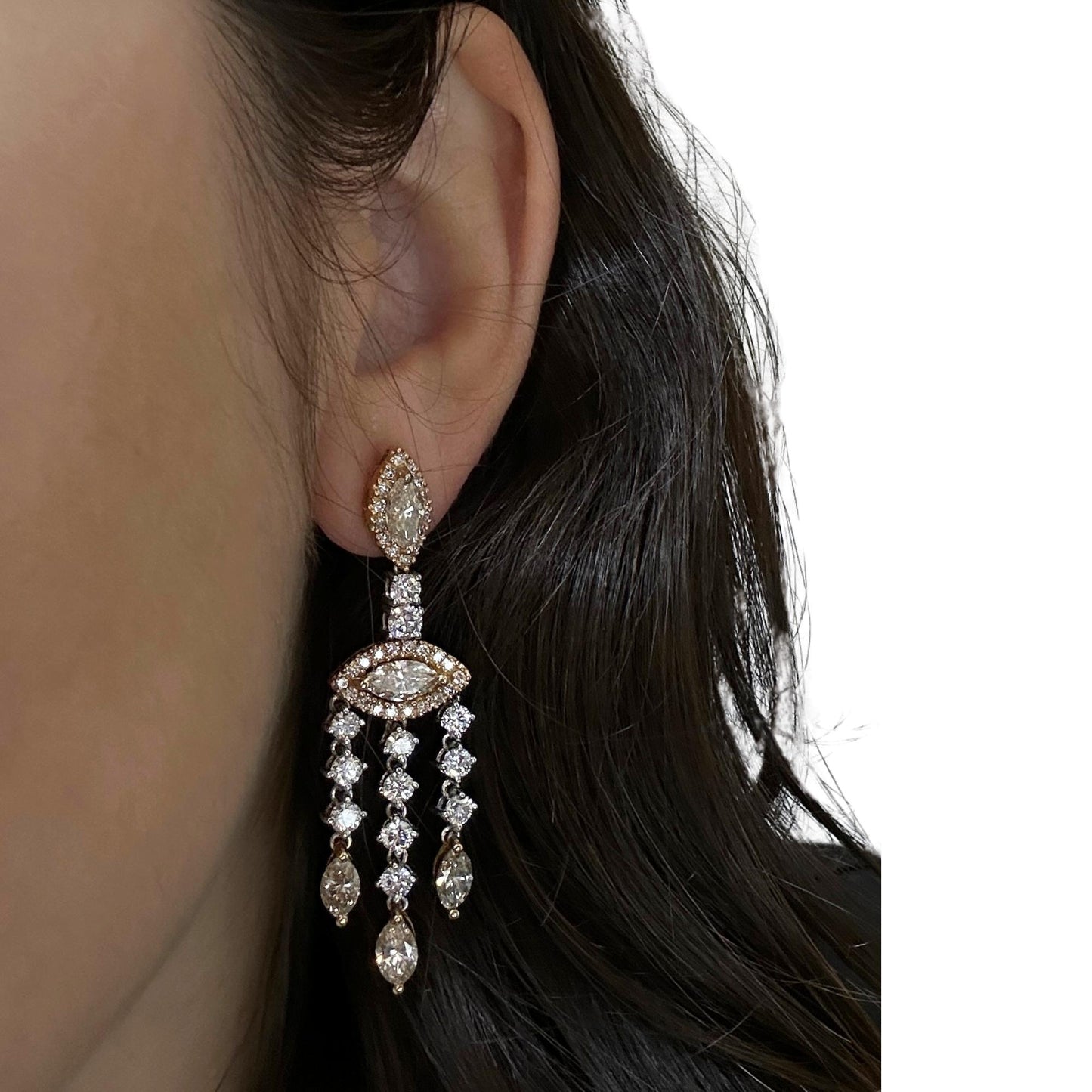 18k White and Yellow Gold Marquise Diamond Drop Earrings
