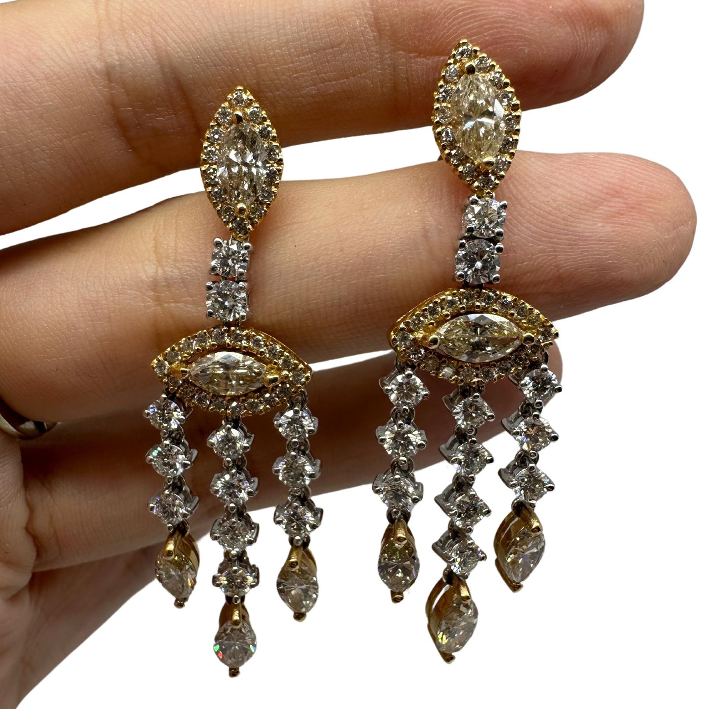 18k White and Yellow Gold Marquise Diamond Drop Earrings