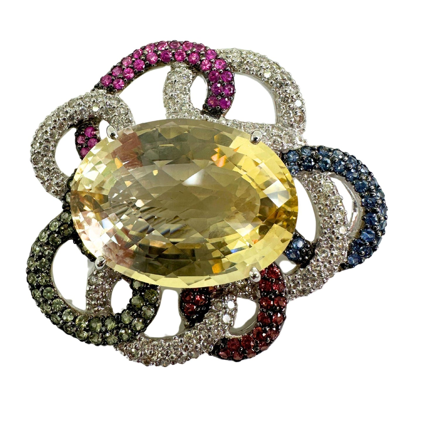 18K White Gold Citrine, Diamond and Multi Sapphire Brooch
