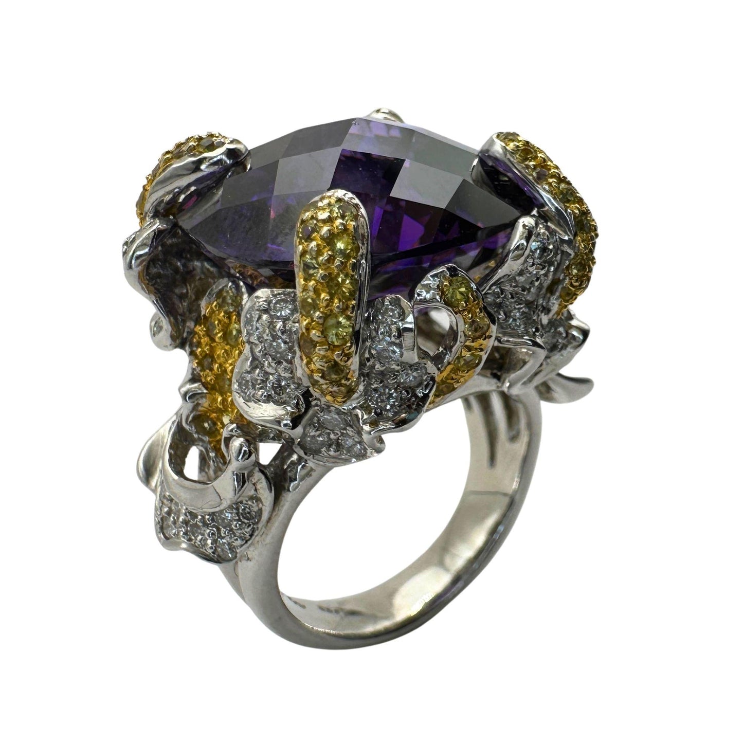 14k Diamond and Yellow Sapphire and Purple Stone Center Cocktail Ring