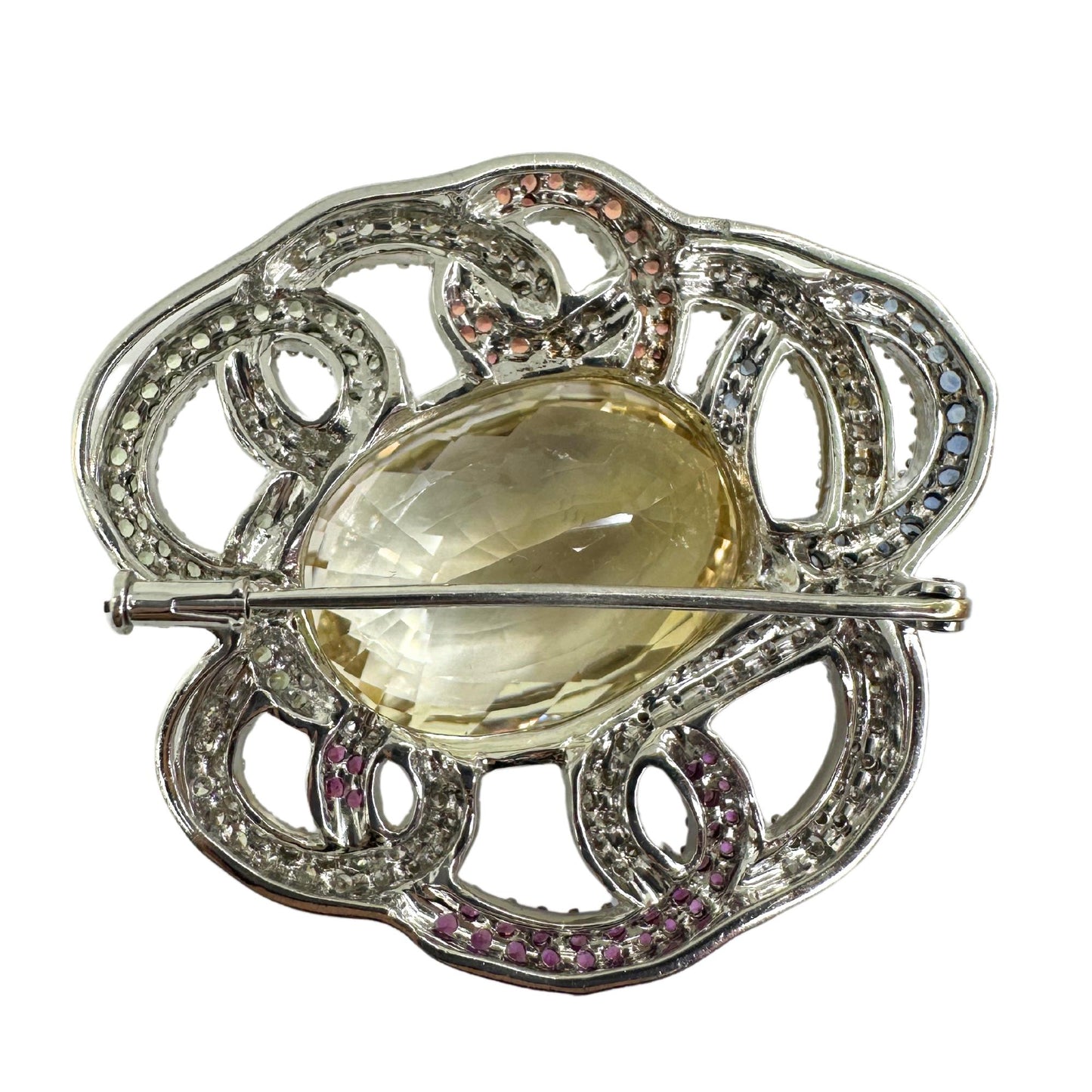 18K White Gold Citrine, Diamond and Multi Sapphire Brooch