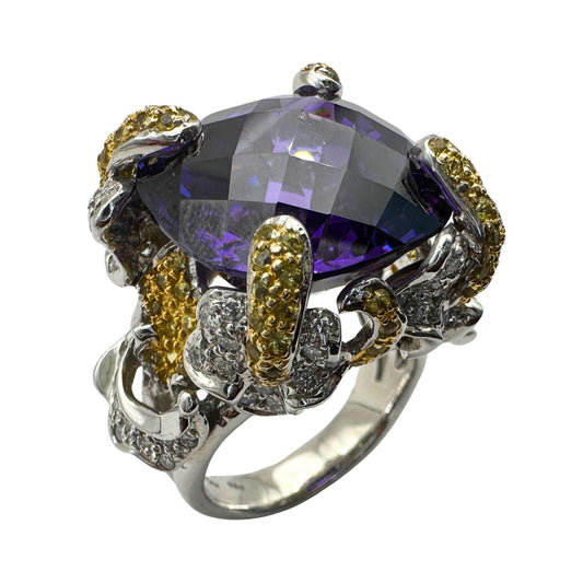 14k Diamond and Yellow Sapphire and Purple Stone Center Cocktail Ring