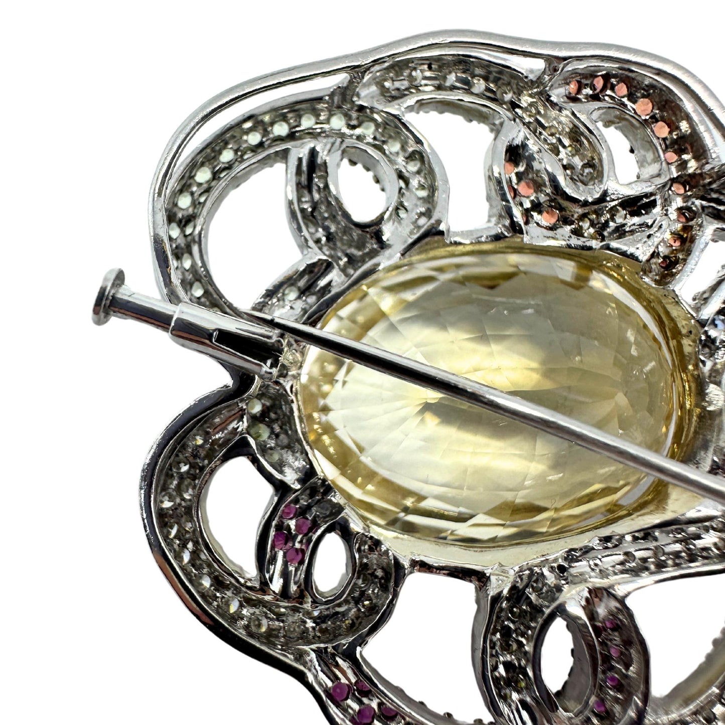 18K White Gold Citrine, Diamond and Multi Sapphire Brooch