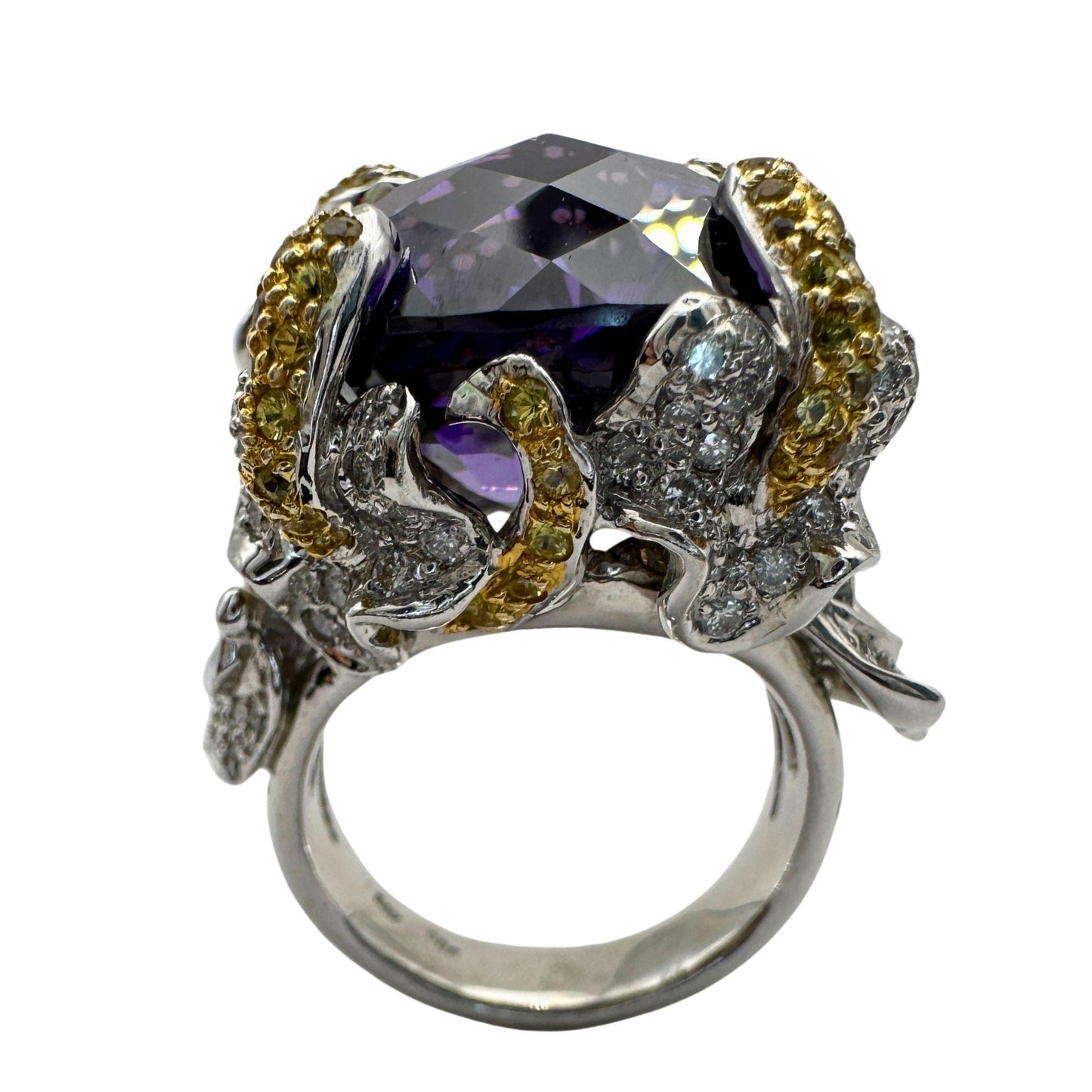 14k Diamond and Yellow Sapphire and Purple Stone Center Cocktail Ring