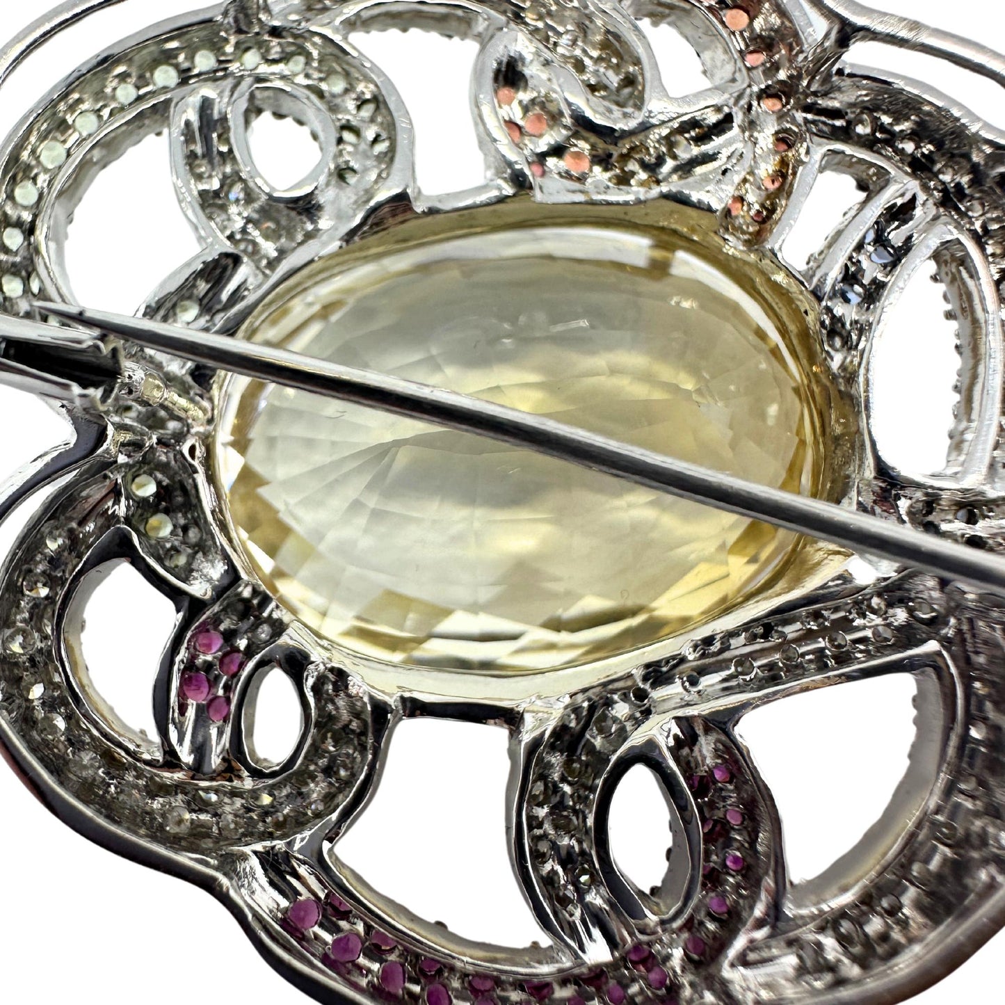 18K White Gold Citrine, Diamond and Multi Sapphire Brooch