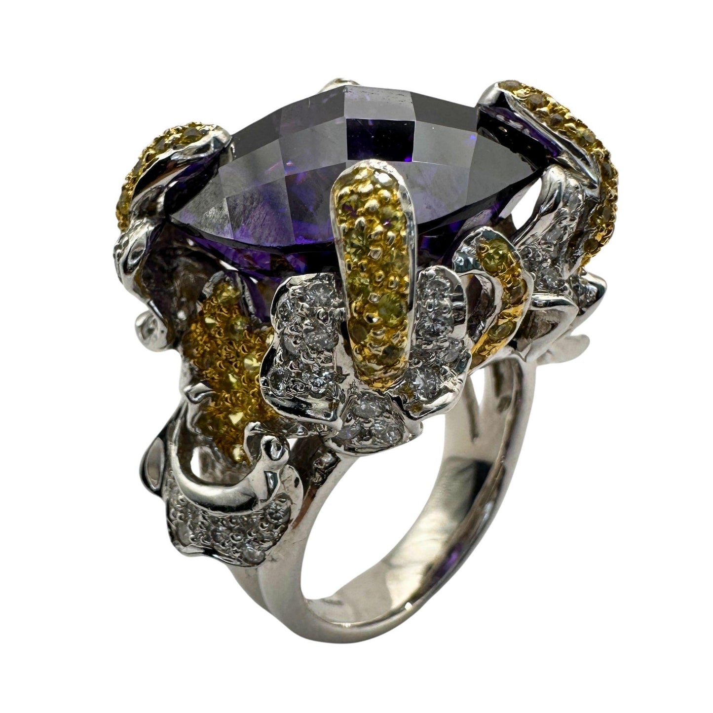 14k Diamond and Yellow Sapphire and Purple Stone Center Cocktail Ring