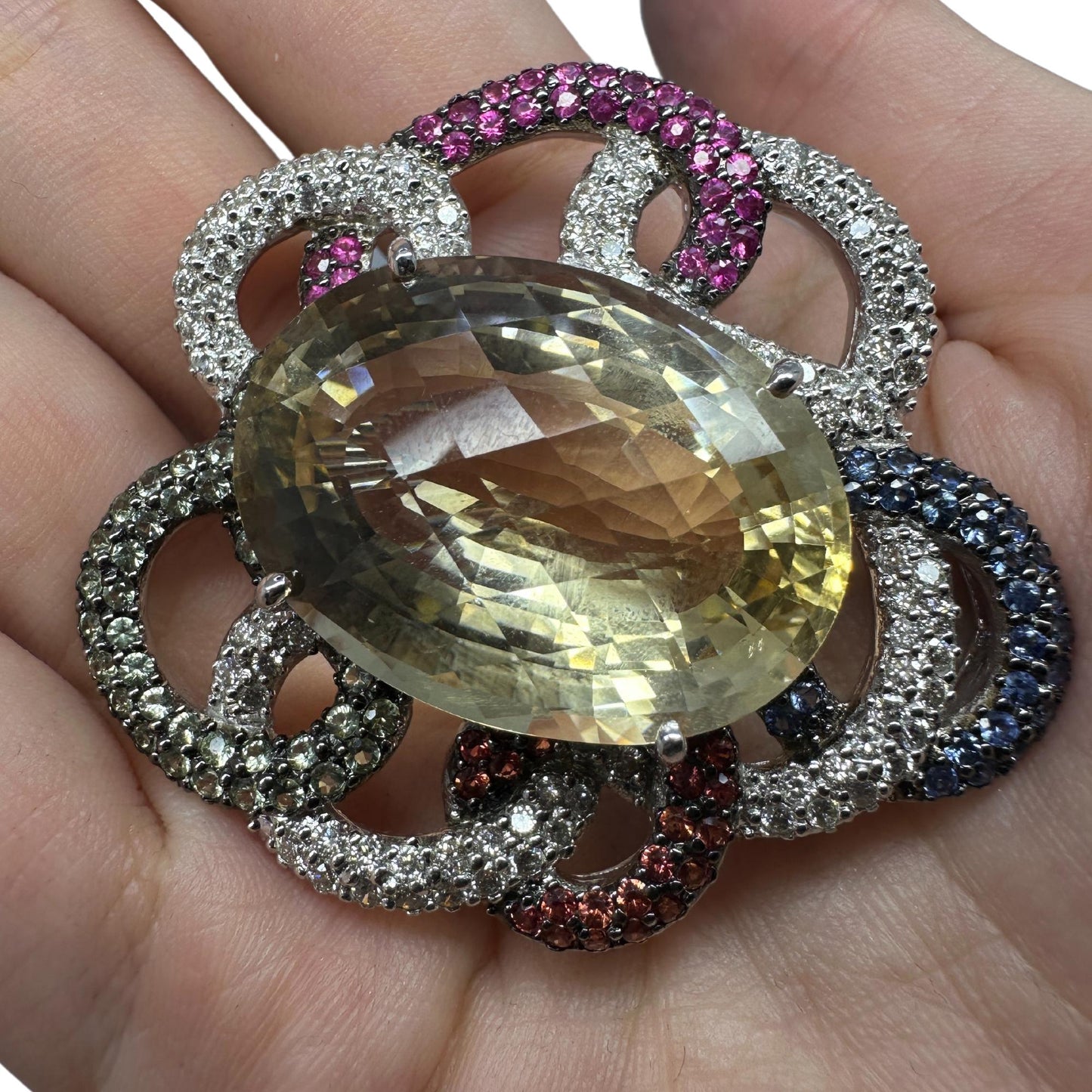 18K White Gold Citrine, Diamond and Multi Sapphire Brooch