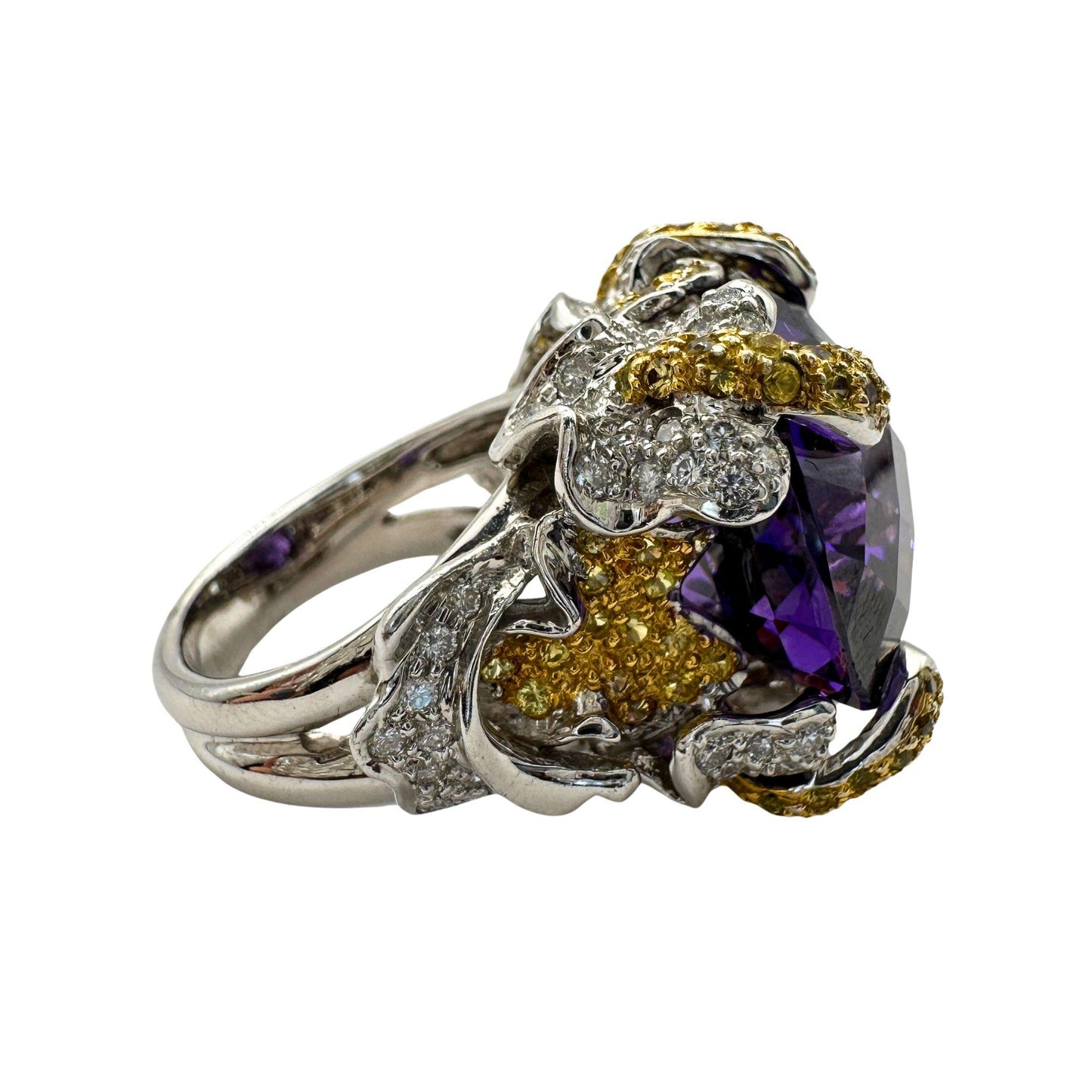 14k Diamond and Yellow Sapphire and Purple Stone Center Cocktail Ring