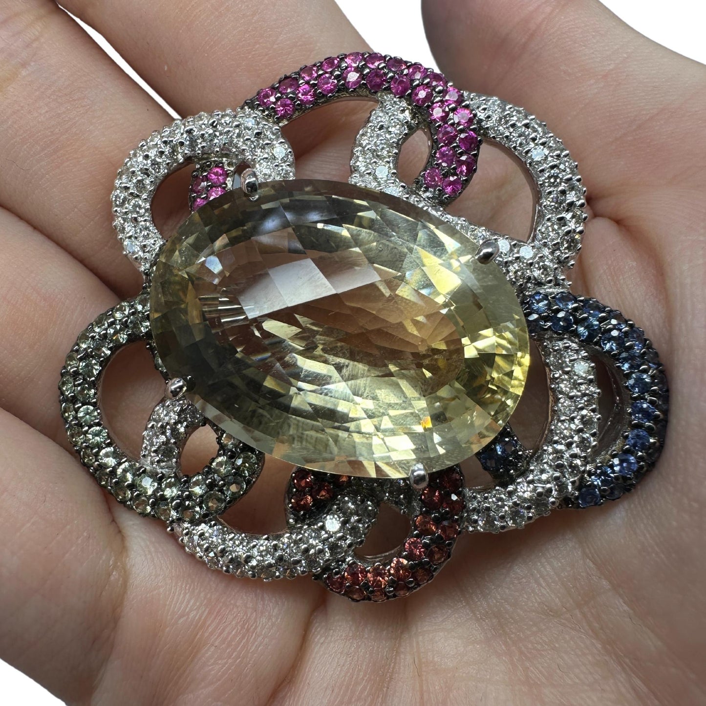 18K White Gold Citrine, Diamond and Multi Sapphire Brooch