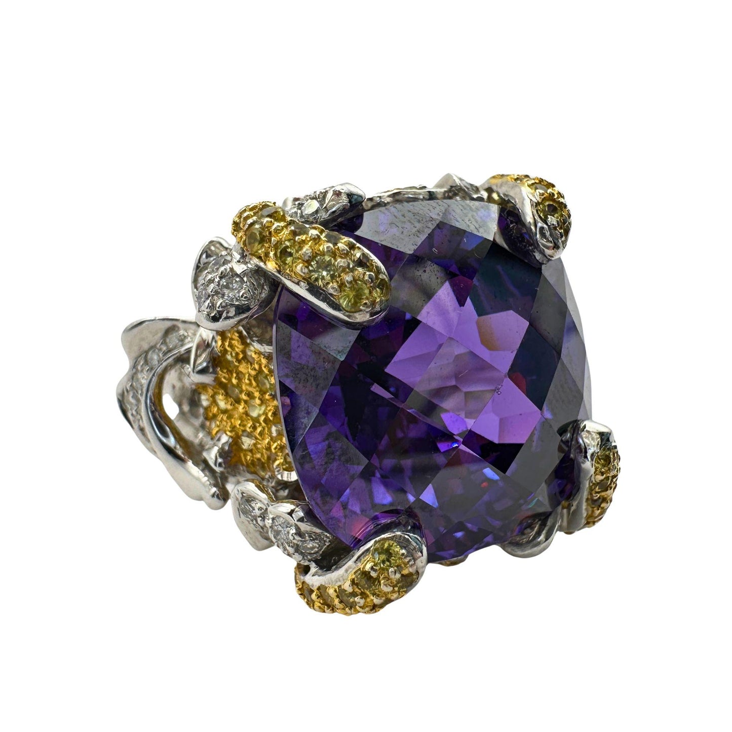 14k Diamond and Yellow Sapphire and Purple Stone Center Cocktail Ring