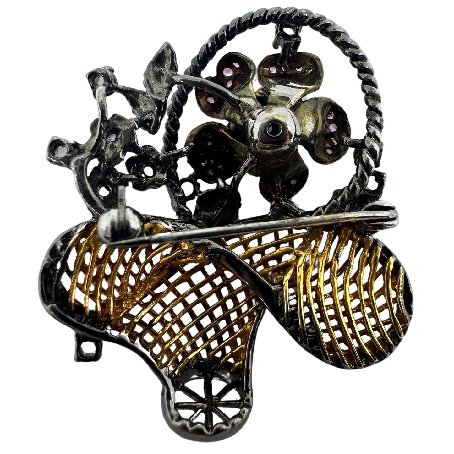 18K Rose Cut Diamond and Pink Sapphire Flower Basket Brooch