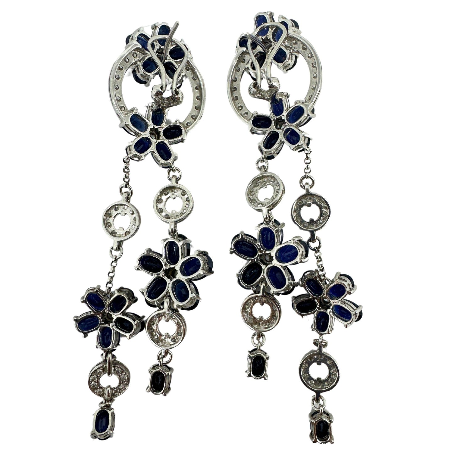 14K White Gold Diamond and Sapphire Flower Drop Earrings