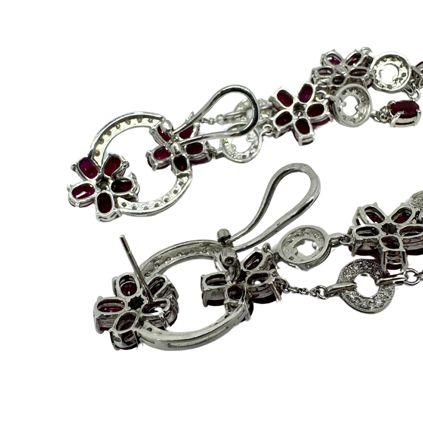 14K White Gold Diamond and Ruby Flower Drop Earrings