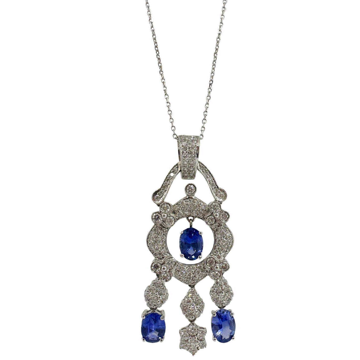 18K White Gold Diamond and Sapphire Pendant Necklace