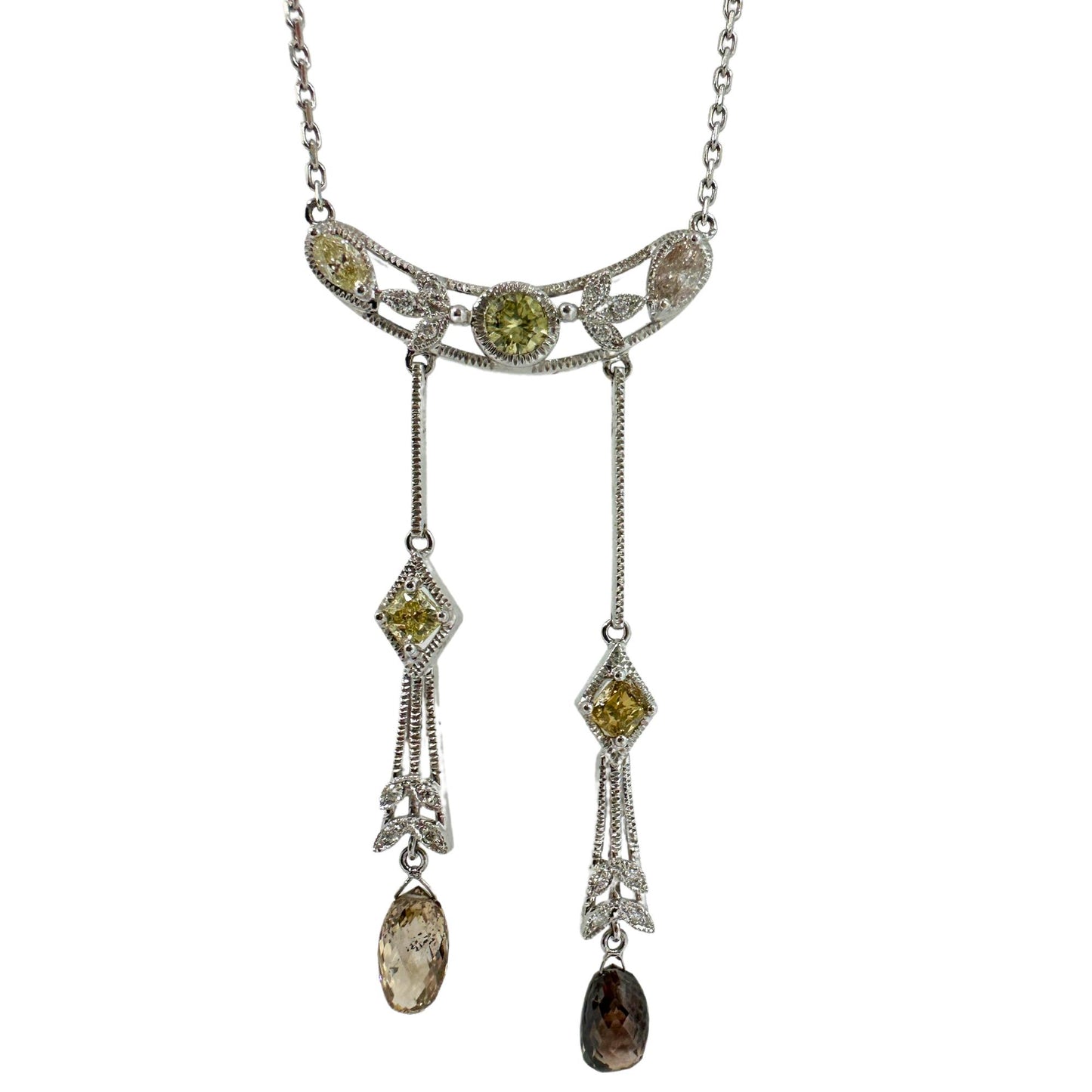 18k White Gold Multicolor Diamond and Brown Briolette Necklace