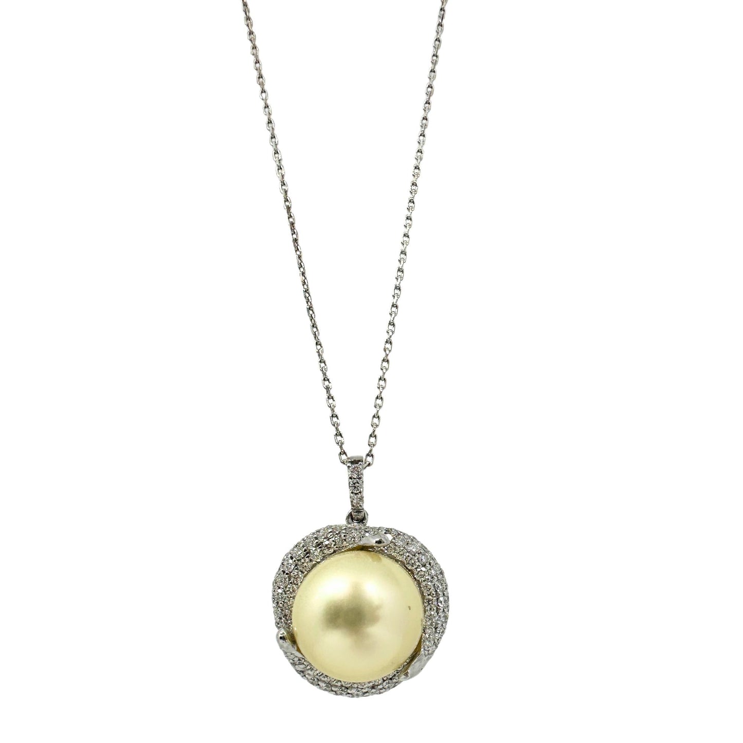 18K White Gold Diamond and Pearl Pendant Necklace