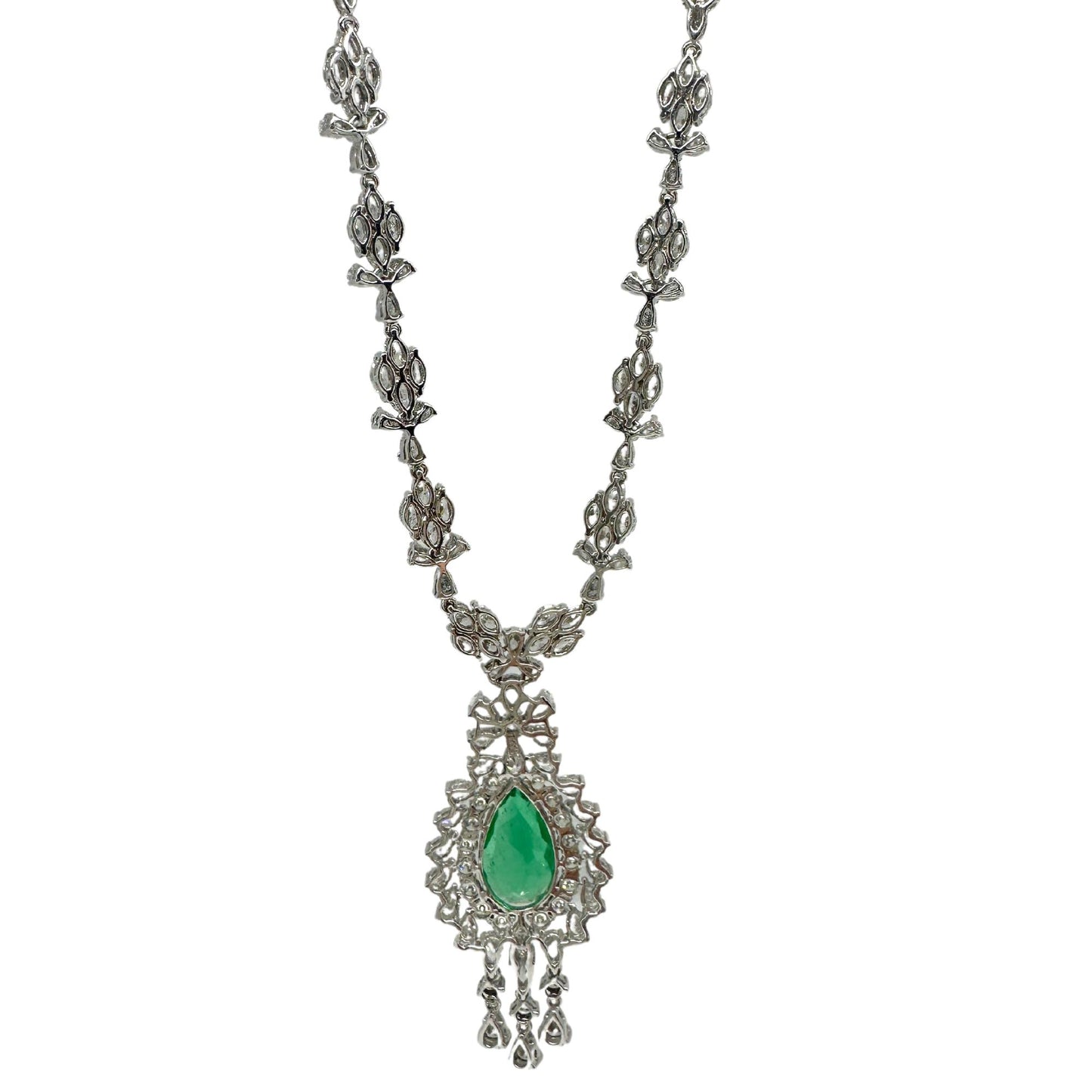 18K White Gold Marquise and Pearl Cut Diamond and Pear Cut Emerald Drop Necklace
