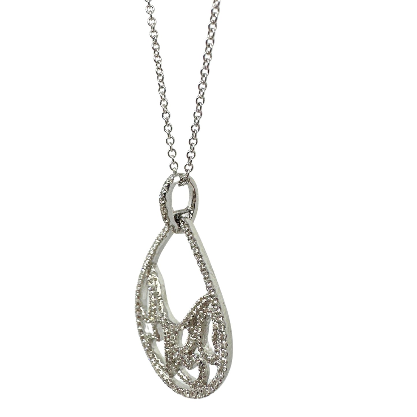 18K White Gold Diamond Pearl Tear Drop Heart Pendant Necklace
