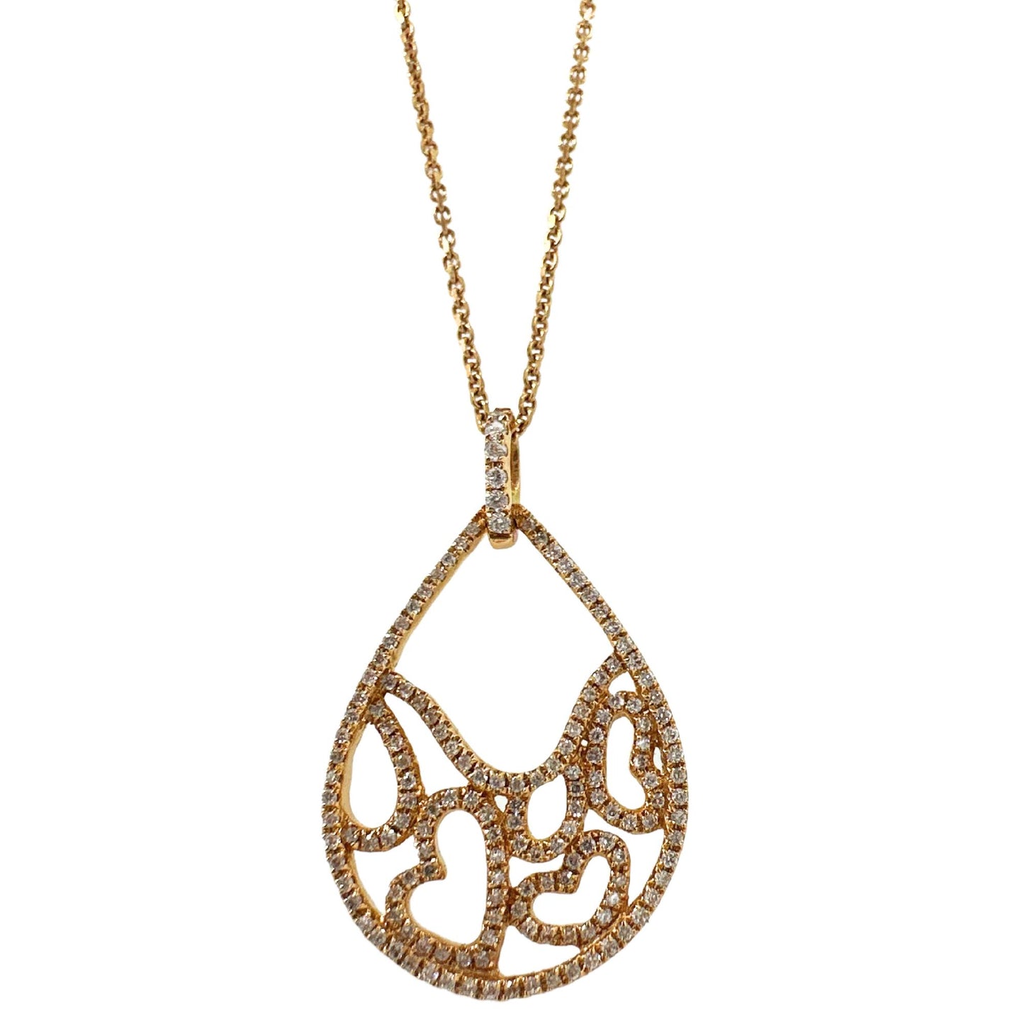 18K Rose Gold Diamond Pearl Tear Drop Heart Pendant Necklace