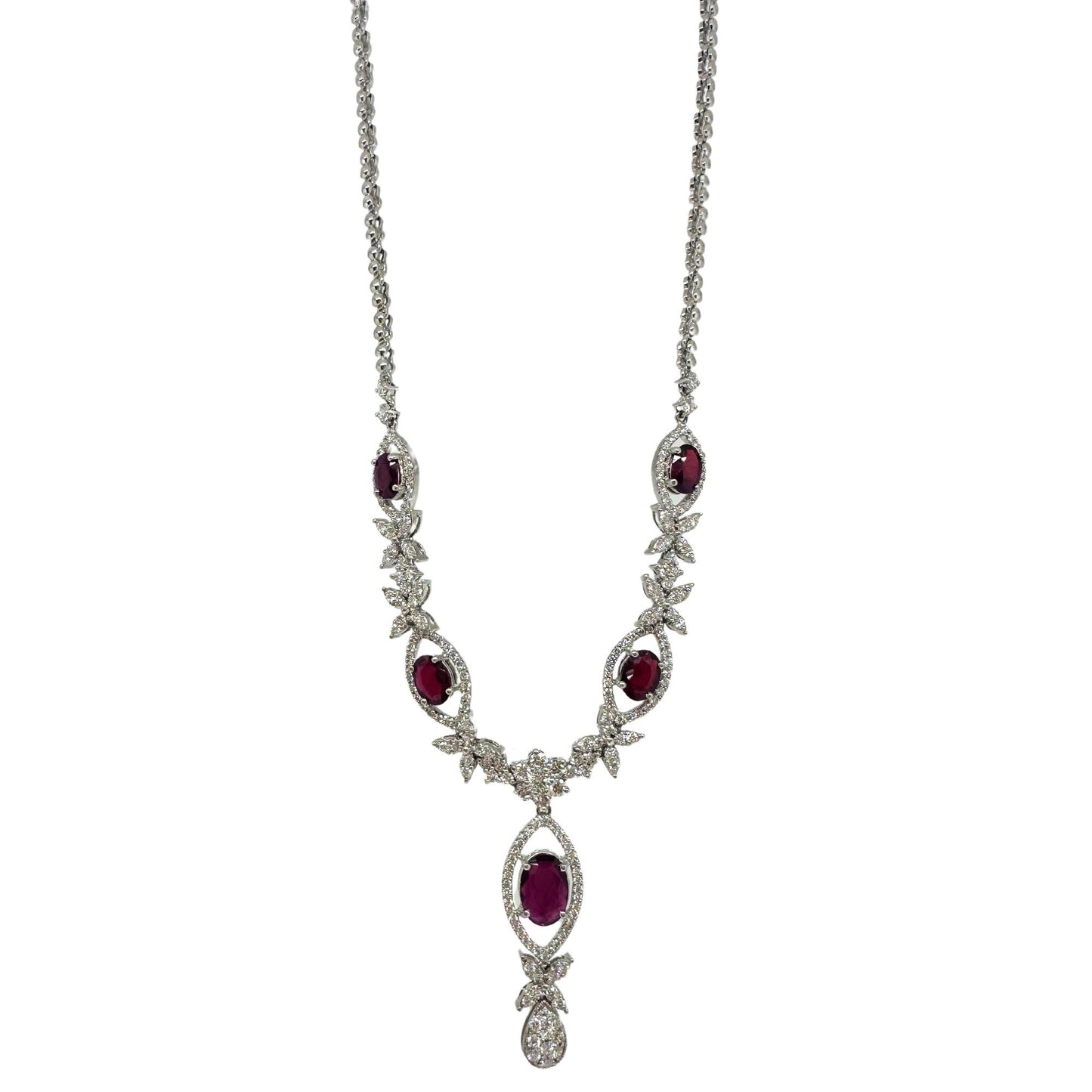 18K White Gold Diamond and Oval Ruby Necklace