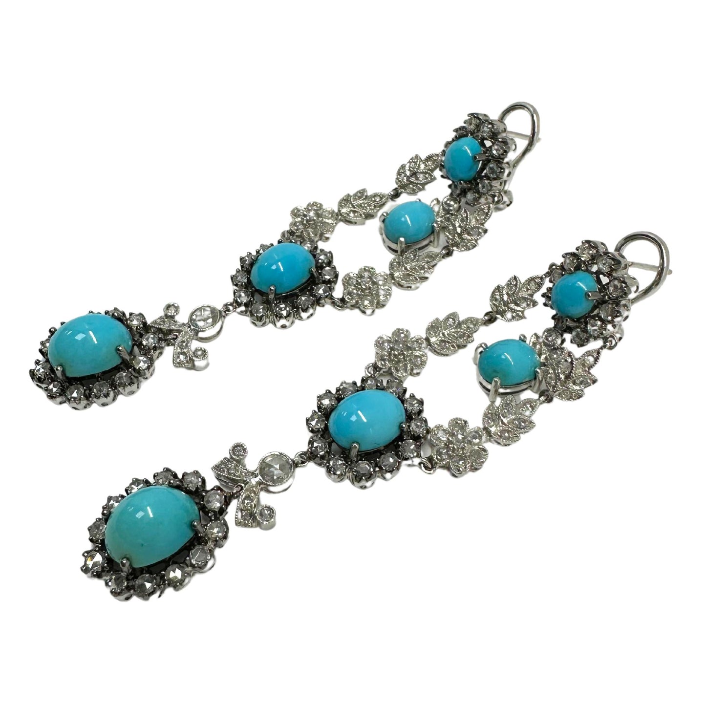 18K White Gold Rose Cut Diamond and Persian Turquoise Drop Earrings
