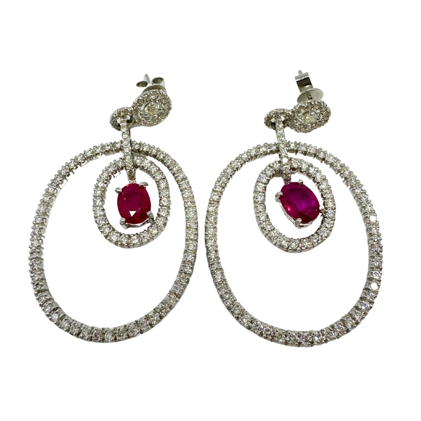 18K White Gold Diamond and Oval Ruby Drop Earrings