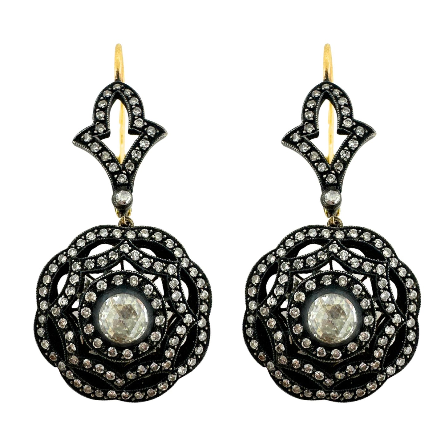 18K Yellow Gold and Silver Top Rose Cut Diamond Drop Earrings