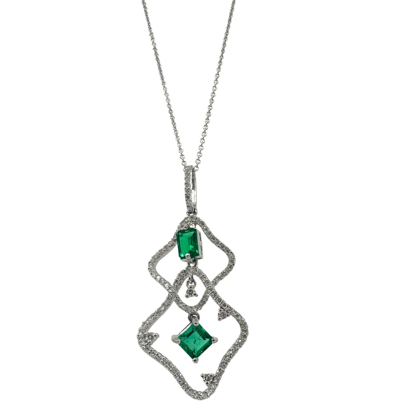 18K White Gold Diamond and Emerald Pendant Necklace