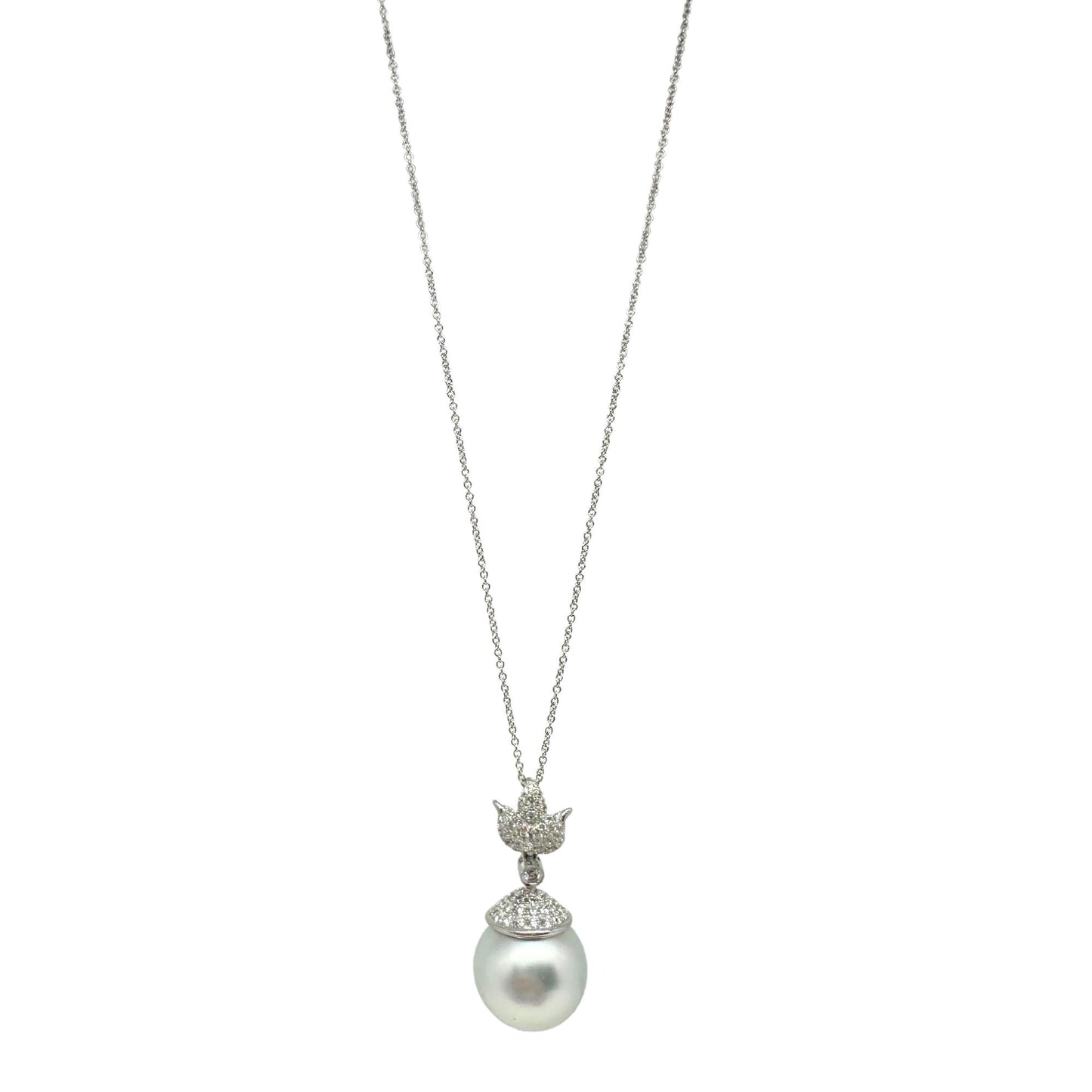 18K White Gold Diamond and Pearl Pendant Necklace