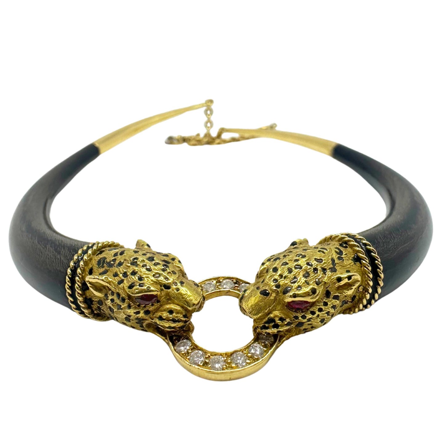 1960's French 18K Yellow Gold, Wood, Enamel, Ruby and Diamond Leopard Necklace
