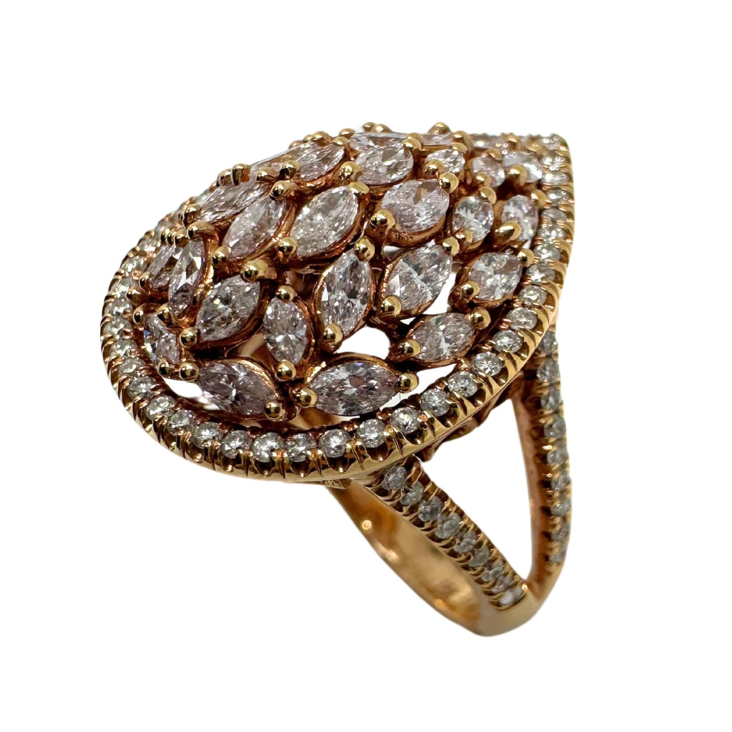 18K Rose Gold Marquise Cut Pink and White Diamond Tear Drop Dome Ring
