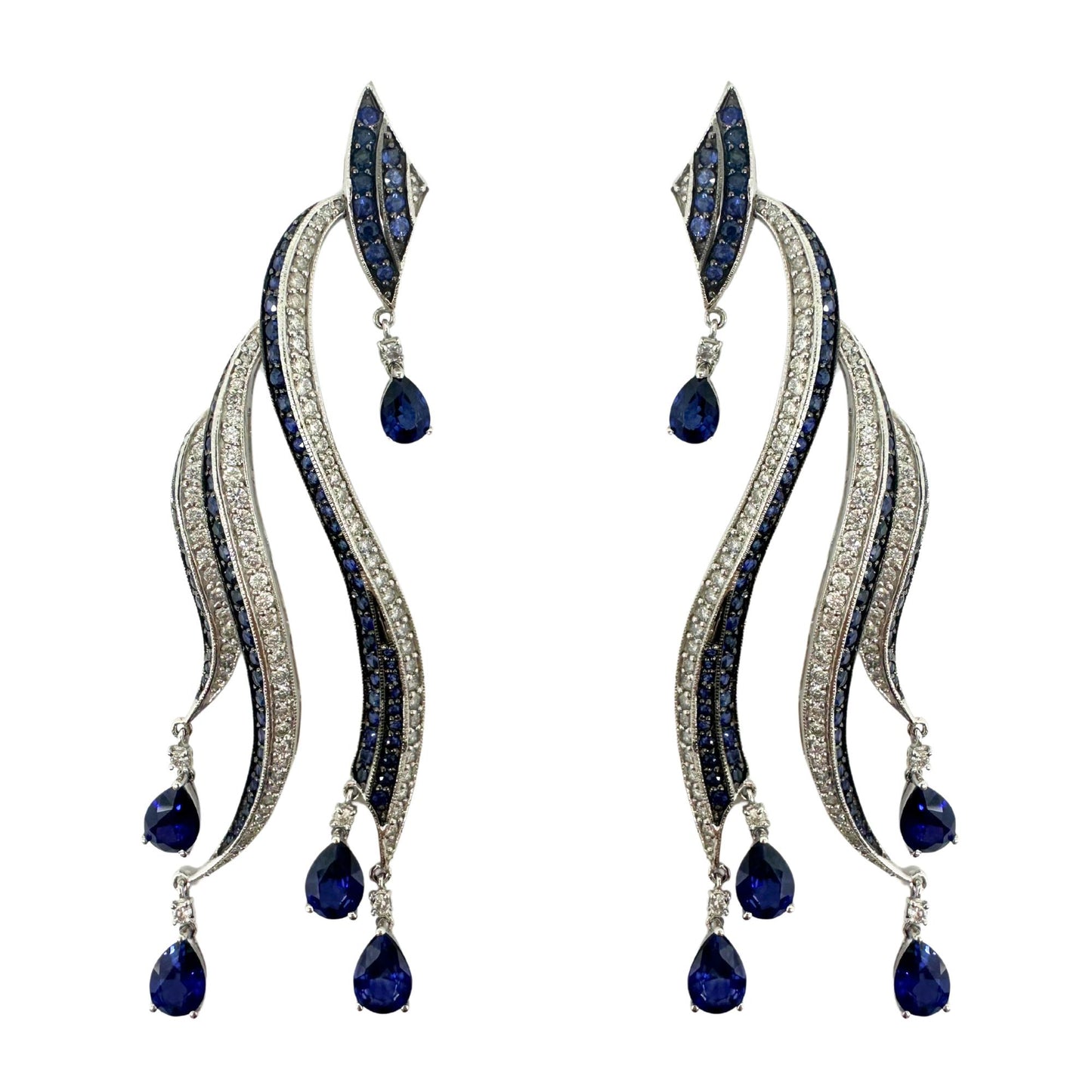 18K White Gold Diamond and Pear Cut Sapphire Flowing Casade Earrings