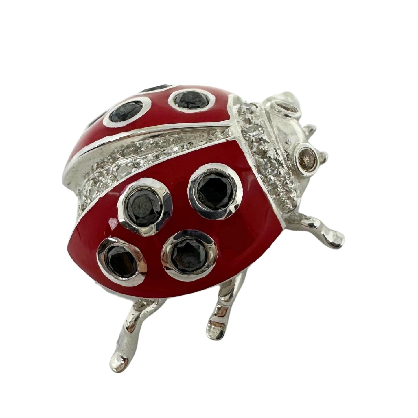 18K White Gold Black and White Diamond Red Lady Bug Pendant