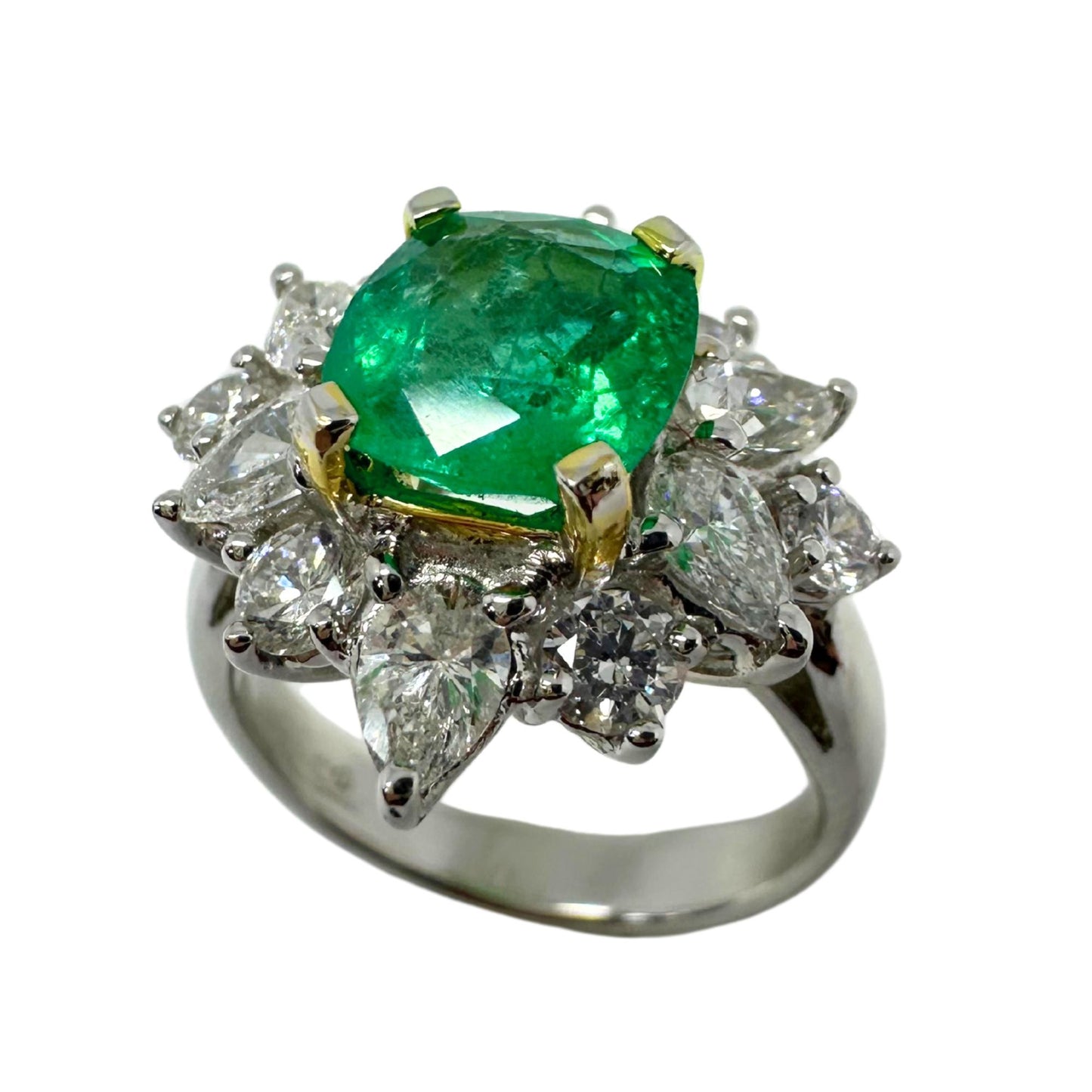 18K White Gold Pear Cut Diamond and Emerald Ring