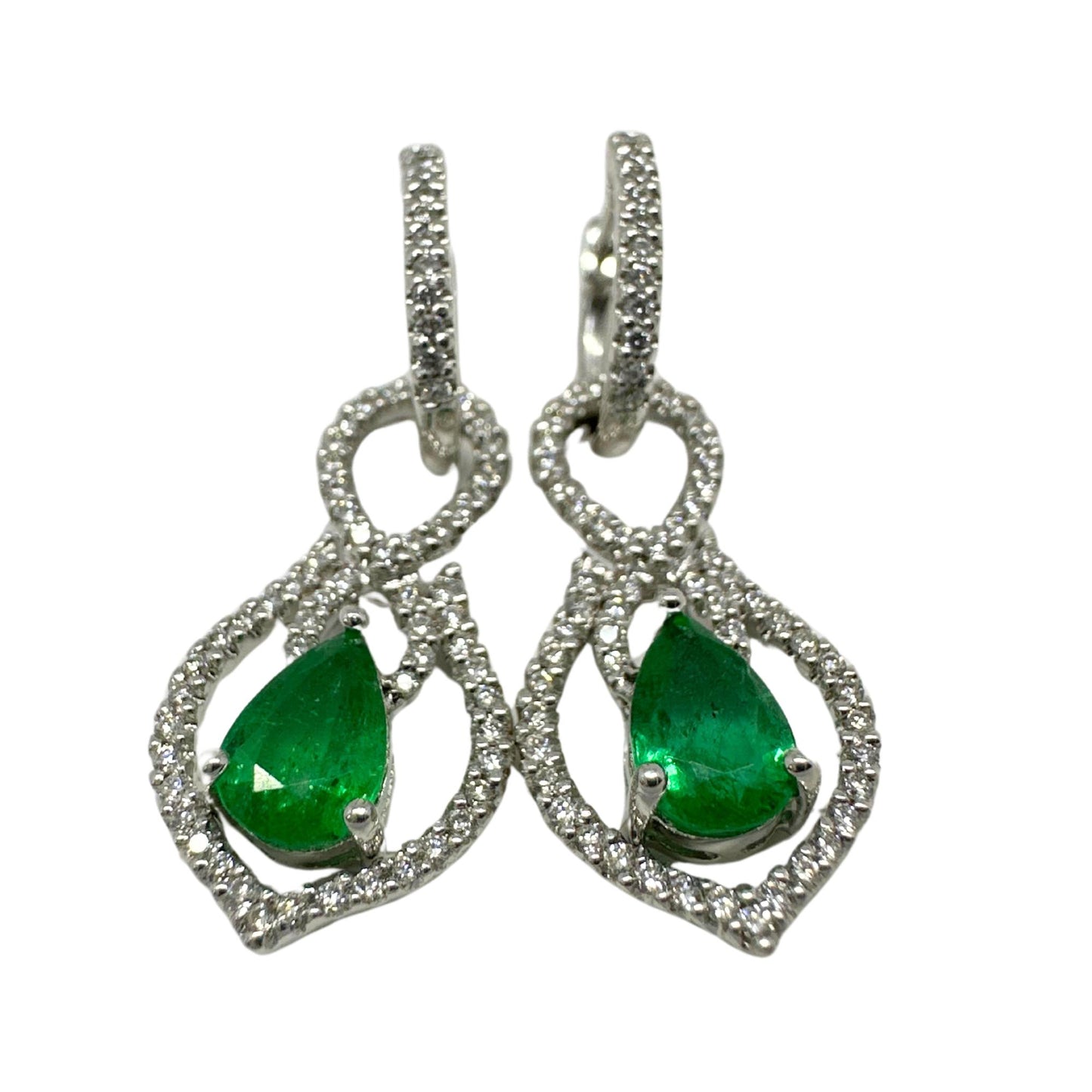 18K White Gold Diamond and Pear Cut Emerald Convertible Earrings