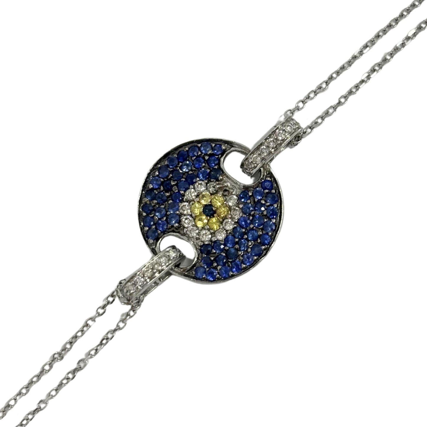 14K White Gold Diamond, Blue and Yellow Sapphire Evil Eye Bracelet