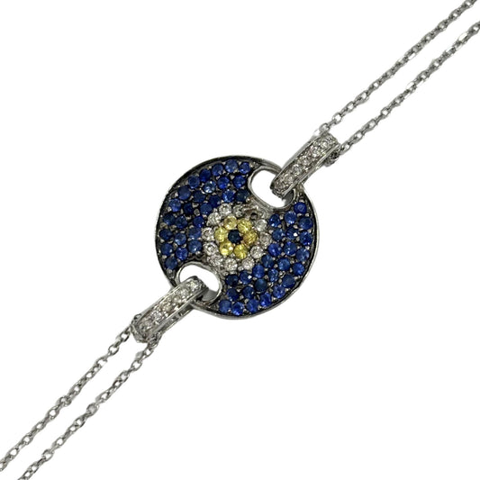 14K White Gold Diamond, Blue and Yellow Sapphire Evil Eye Bracelet