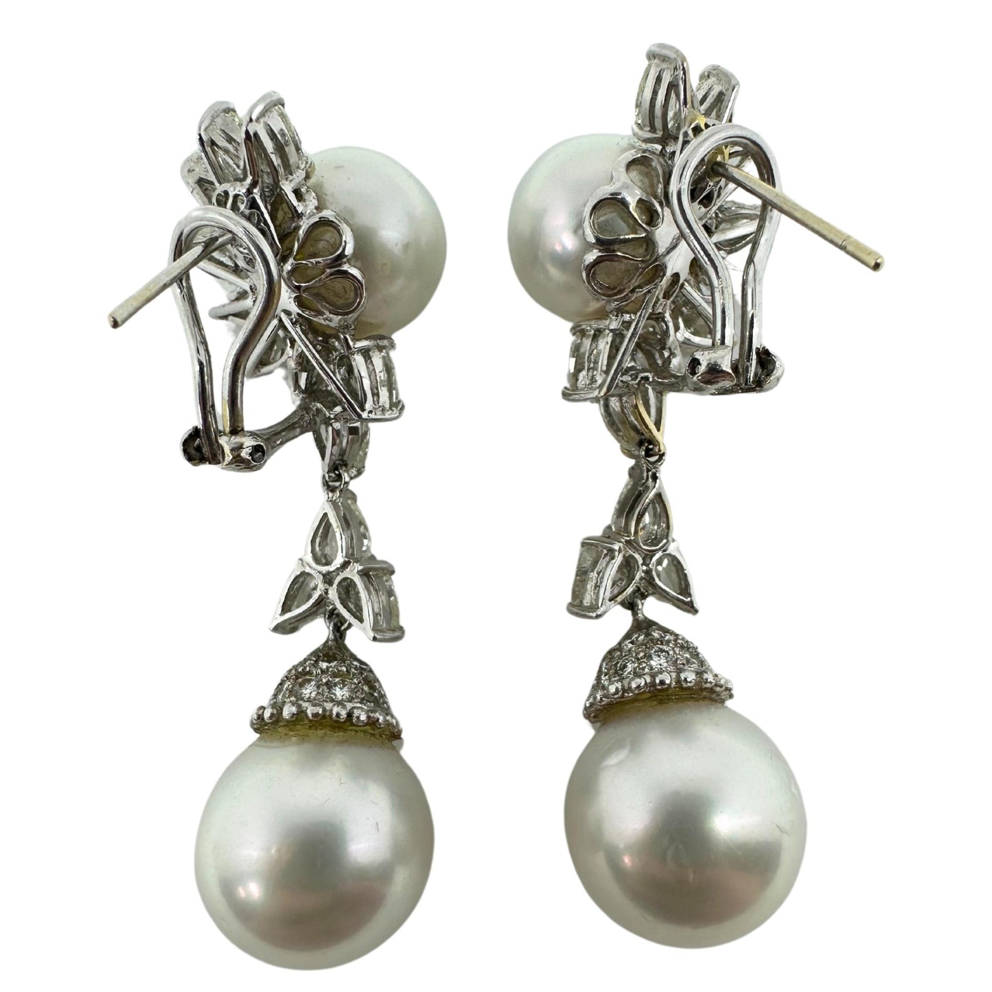 18K White Gold Pear Cut Diamond and Pearl Sunburst Drop Earrings